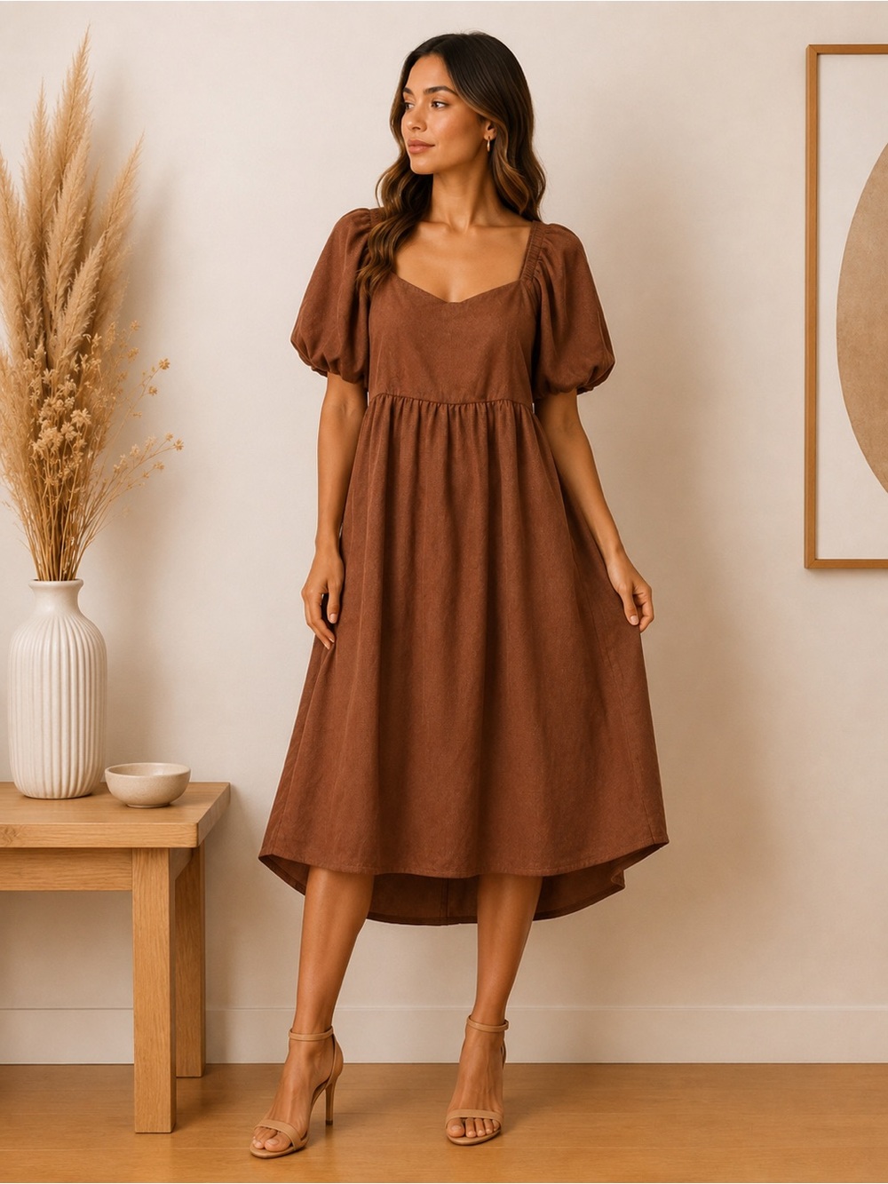 Audrey Paris Brown Puff Sleeve Babydoll Dress NWT Size Small